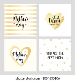 Vector set of square cards for Mother's day. Gold contour heart with little hearts. Vector illustration. Vector card, badge for Mother's day. Love Mom concept. Happy Mother's day. 