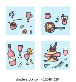 Vector set of square cards with mulled wine ingredients and objects. Composition in doodle style.