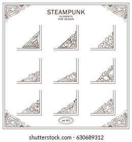 Vector set of square corners for frames, cards, invitations. Steampunk mechanical elements. Hand drawn vintage collection. Wave elements for design 