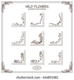 Vector set of square corners for frames, cards, invitations. Wild flowers, weeds signs and symbols. Hand drawn vintage collection. Wave elements for design 