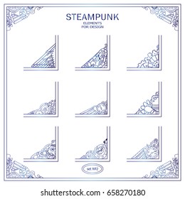 Vector set of square corners for frames, cards, invitations. Steampunk mechanical elements. Hand drawn vintage collection. Wave elements for design. Blue watercolor style on white