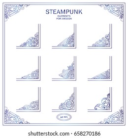 Vector set of square corners for frames, cards, invitations. Steampunk mechanical elements. Hand drawn vintage collection. Wave elements for design. Blue watercolor style on white