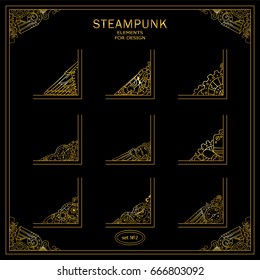 Vector set of square corners for frames, cards, invitations. Steampunk mechanical elements. Hand drawn vintage collection. Wave elements for design. Metallic gold color on black background