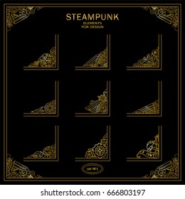 Vector set of square corners for frames, cards, invitations. Steampunk mechanical elements. Hand drawn vintage collection. Wave elements for design. Metallic gold color on black background