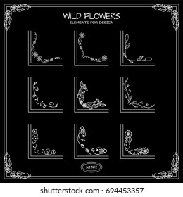 Vector set of square corners for frames, cards, invitations. Wild flowers, weeds signs and symbols. Hand drawn vintage collection. Wave elements for design, black and white chalkboard style
