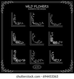 Vector set of square corners for frames, cards, invitations. Wild flowers, weeds signs and symbols. Hand drawn vintage collection. Wave elements for design, black and white chalkboard style