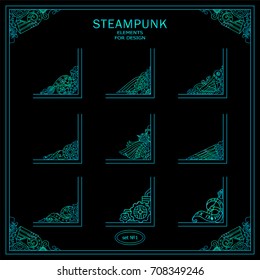 Vector set of square corners for frames, cards, invitations. Steampunk mechanical elements. Hand drawn vintage collection. Wave elements for design. Neon blue and green modern colors