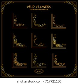 Vector set of square corners for frames, cards, invitations. Wild flowers, weeds signs and symbols. Hand drawn vintage collection. Wave elements for design, premium warm gold style