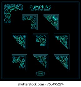 Vector set of square corners for frames, cards, invitations. Pumpkins, autumn signs and symbols. Hand drawn vintage collection. Wave elements for design, neon blue and green colors