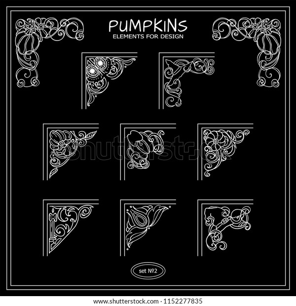Vector set of square\
corners for frames, cards, invitations. Pumpkin, witch hat, bat,\
broom, cute autumn signs and symbols. Hand drawn vintage\
collection. Chalkboard\
style