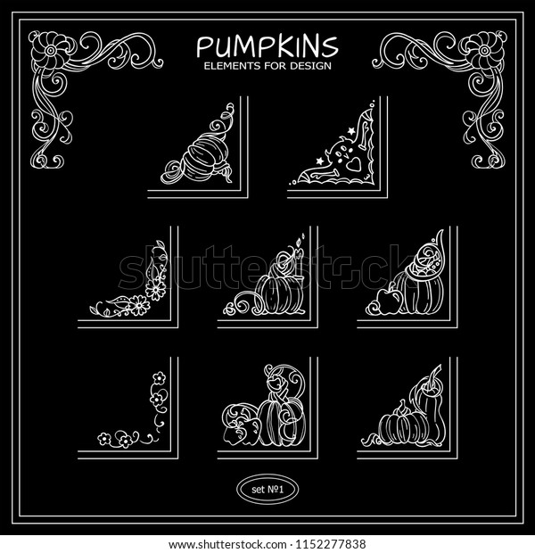 Vector set of square\
corners for frames, cards, invitations. Pumpkin, witch hat, bat,\
broom, cute autumn signs and symbols. Hand drawn vintage\
collection. Chalkboard\
style