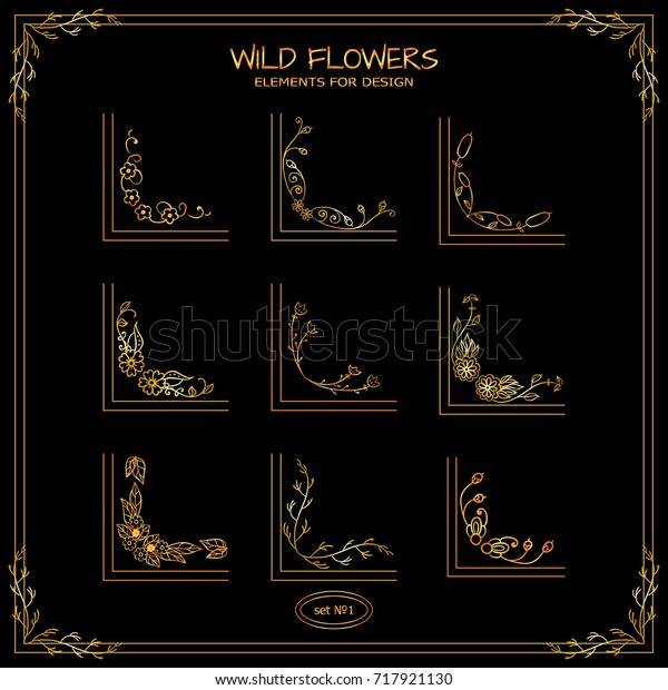 Vector set\
of square corners for frames, cards, invitations. Wild flowers,\
weeds signs and symbols. Hand drawn vintage collection. Wave\
elements for design, premium warm gold\
style