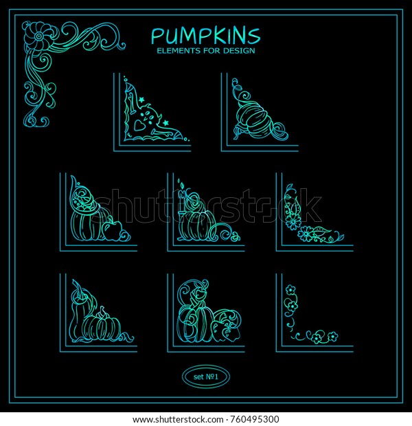 Vector\
set of square corners for frames, cards, invitations. Pumpkins,\
autumn signs and symbols. Hand drawn vintage collection. Wave\
elements for design, neon blue and green\
colors
