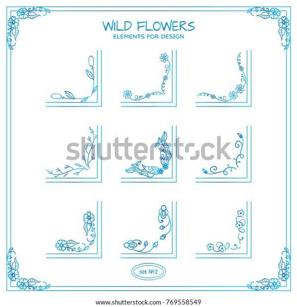 Vector\
set of square corners for frames, cards, invitations. Wild flowers,\
weeds signs and symbols. Hand drawn vintage collection. Wave\
elements for design, ocean blue watercolor\
style