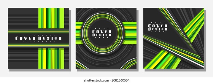 Vector set of Square Covers, 3 colorful layouts with decorative circles and triangles with copy space for ad text, abstract cover templates for advertising, square placard with dark striped background