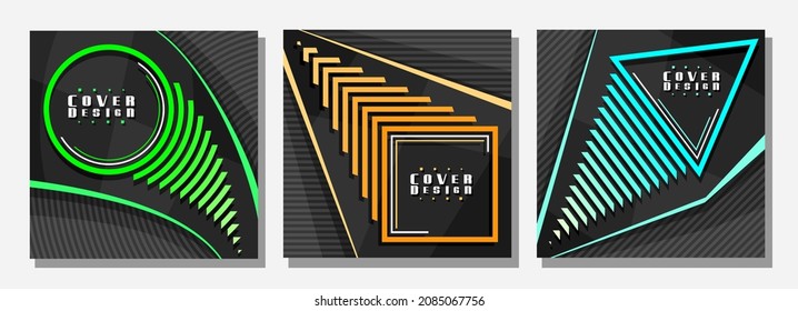 Conjunto vectorial de cubiertas cuadradas, 3 diseños coloridos con círculos decorativos y triángulos con espacio de copia para texto publicitario, plantillas de portada abstractas para publicidad, cartel cuadrado con fondo de rayas oscuras