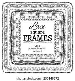 Vector set of square crochet frames. All used pattern brushes included. Black and white illustration.