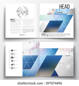 Vector set of square design brochure template. Abstract colorful polygonal background with blurred image on it, modern stylish triangle vector texture. 