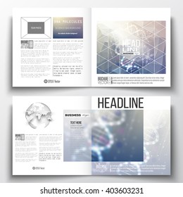 Vector set of square design brochure template. DNA molecule structure on a blue background. Science vector background.