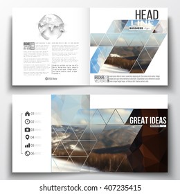 Vector set of square design brochure template. Abstract colorful polygonal backdrop, blurred background, mountain landscape, modern stylish triangle vector texture.