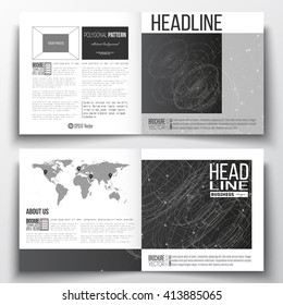 Vector set of square design brochure template. Molecular construction with connected lines and dots, scientific or digital design pattern on black background.