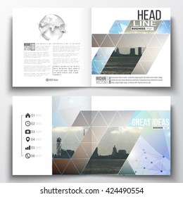 Vector set of square design brochure template. Abstract colorful polygonal backdrop with blurred image, modern stylish triangular vector texture. 
