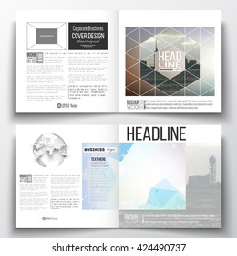Vector set of square design brochure template. Abstract colorful polygonal backdrop with blurred image, modern stylish triangular vector texture.