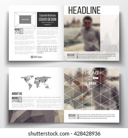 Vector set of square design brochure template. Polygonal background, blurred image, vacation, travel, tourism. Modern triangular vector texture.