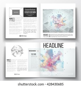 Vector set of square design brochure template. Molecular construction with connected lines and dots, scientific pattern on colorful polygonal background, modern stylish triangle vector texture