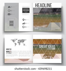 Vector set of square design brochure template. Colorful polygonal backdrop, blurred natural background, modern stylish triangle vector texture.