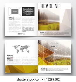 Vector set of square design brochure template. Colorful polygonal backdrop, blurred natural background, modern stylish triangle vector texture.