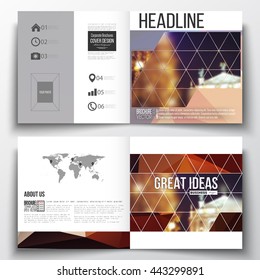 Vector set of square design brochure template. Colorful polygonal background, blurred image, night city landscape, festive cityscape, triangular vector texture.
