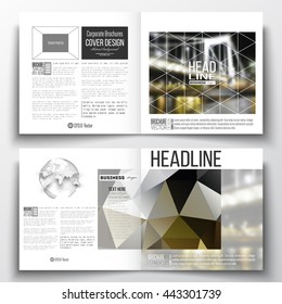 Vector set of square design brochure template. Colorful polygonal background, blurred image, night city landscape, modern stylish triangular vector texture.
