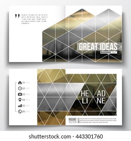 Vector set of square design brochure template. Colorful polygonal background with blurred image, seaport landscape, modern stylish triangular vector texture.