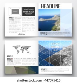 Vector set of square design brochure template. Colorful polygonal backdrop, blurred background, sea landscape, modern triangle vector texture.