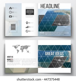 Vector set of square design brochure template. Colorful polygonal backdrop, blurred background, sea landscape, modern triangle vector texture.