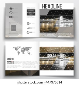 Vector set of square design brochure template. Colorful polygonal background, blurred image, night city landscape, modern stylish triangular vector texture.