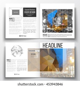 Vector set of square design brochure template. Colorful polygonal background, blurred image, night city landscape, modern stylish triangular vector texture.