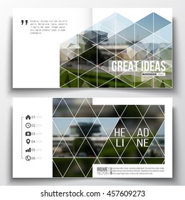 Vector set of square design brochure template. Colorful polygonal background, blurred image, airport landscape, modern stylish triangular vector texture.