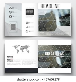 Vector set of square design brochure template. Polygonal background, blurred image, urban landscape, modern stylish triangular vector texture.