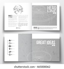 Vector set of square design brochure template. Molecular construction with connected lines and dots, scientific or digital design pattern on gray background.