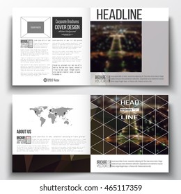 Vector set of square design brochure template. Dark polygonal background, blurred image, night city landscape, Paris cityscape, modern triangular vector texture.