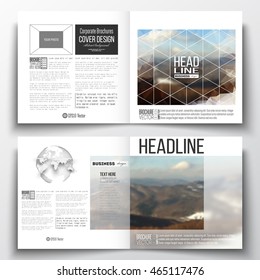 Vector set of square design brochure template. Abstract colorful polygonal backdrop, blurred background, mountain landscape, modern stylish triangle vector texture.