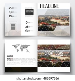 Vector set of square design brochure template. Polygonal background, blurred image, urban landscape, Prague cityscape, modern triangular texture