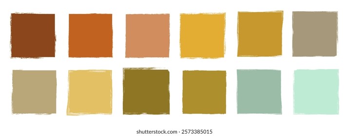 Vector set with square doodle box shapes with rough edges in neutral autumn colors, Graphic design elements in earthy brown, mustard, green, sepia and ochre colors