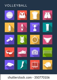 Vector set square flat icons and symbols on a dark background. Volleyball sign with long shadow