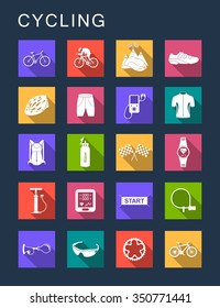 Vector set square flat icons and symbols on a dark background. Cycling sign with long shadow