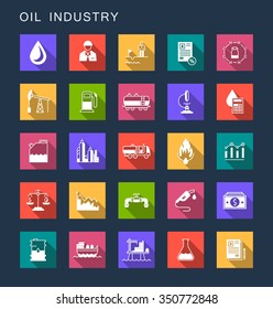 Vector set square flat icons and symbols on a dark background. Oil industry sign with long shadow