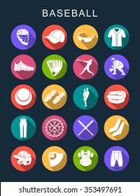 Vector set square flat icons and symbols on a dark background. Baseball sign with long shadow