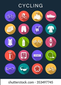 Vector set square flat icons and symbols on a dark background. Cycling sign with long shadow